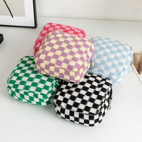 Checkerboard Knitted Cosmetic Bag Square Plaid Storage Pouch For Sanitary Napkin Makeup Jewelry Organizer Lightweight Portable