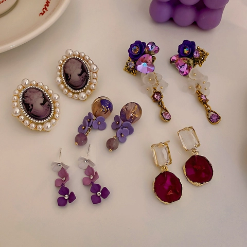 Lila Hängeohrringe Mit 925 Sterling Silber Ohrstecker Französisch Vintage Blumen Herz Künstliche Perle Kristall Schmuck Für Damen