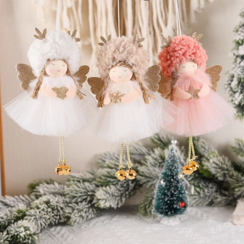 Christmas Angel Doll Hanging Ornaments Tulle Skirt Antlers Sequin Wings Bells Festive Tree Decoration Plush Fairy Pendant