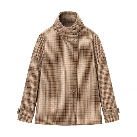 Damen Kurzjacke Mit Hahnentrittmuster Retro Französischer Stil Stehkragen Einreihig Langarm Polyester Oberbekleidung