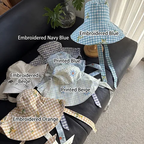 Bucket Hat Linen Cotton Wide Brim Sun Protection Foldable Embroidery Plaid Floral Summer Travel With Straps For Women