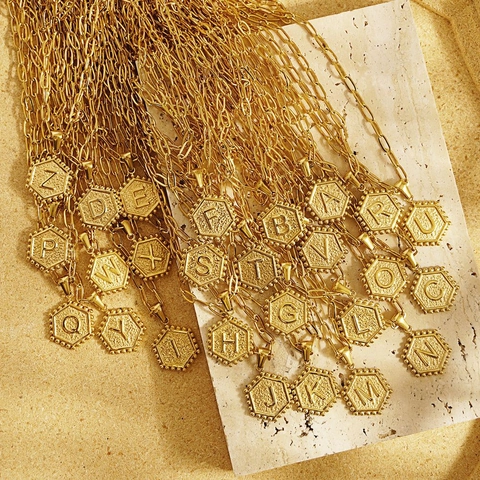 Collana Minimalista in Acciaio Inossidabile a Doppio Strato con Ciondolo a Esagono con Lettera Iniziale per Donna Gioielli Placcati Oro