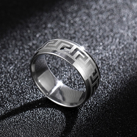 Vintage Titanium Stainless Steel Ring Greek Key Pattern Embossed Band For Men Women Unisex Punk Style Jewelry Gift Accessories