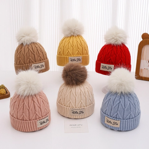 Kinder Strickmütze Kunstfell Bommel Zopfmuster Dick Warm Winter Outdoor Kopfbedeckung Für Kleinkinder Jungen Mädchen