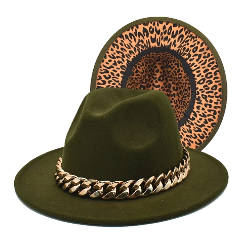 Fedora Hat Woolen Felt Gold Metal Chain Leopard Print Lining Wide Brim Vintage Jazz For Men Women