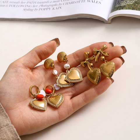 Orecchini A Medaglione Con Foto A Cuore Vintage Acciaio Inossidabile Strass Conchiglia Perla Artificial Gioielli Per Donne