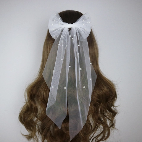 Bridal Mesh Veil Hair Clip With Artificial Pearl Bowknot Elegant Retro Wedding Headpiece For Women Bridesmaid