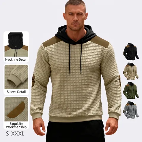 Felpa Con Cappuccio Uomo Manica Lunga Trama Jacquard Nido D'Ape Patchwork Color Block Felpa Casual Vestibilità Comoda Con Coulisse