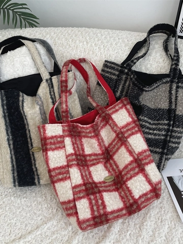 Women Tote Bag Plush Lamb Wool Large Capacity Plaid Leopard Striped Shoulder Handbag Commuting Fashion Casual