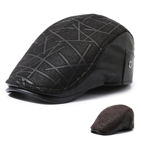 Gorra Plana Vintage De Cuero PU Para Hombre Ajustable Patrón Geométrico Boina De Ala Corta Otoño Invierno