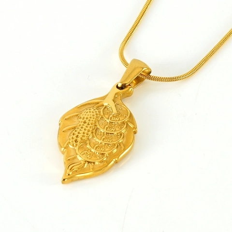 Collana Con Ciondolo A Foglia In Acciaio Inossidabile Placcato Oro 18K Per Donna Caratteri Cinesi Portafortuna Gioielli