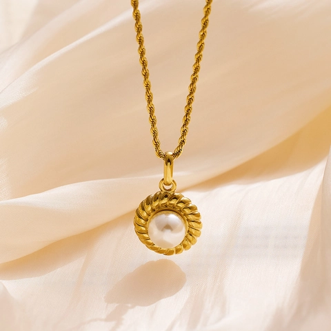 Minimalistische Titanstahl Anhänger Halskette Für Damen 18K Vergoldet Rund Künstliche Perle Kordelkette Vintage Schmuck