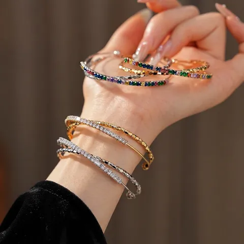 Double Layer Cross Open Bangle Copper Bracelet With Colorful Zircon Inlay Geometric Luxury Fashion Jewelry For Women
