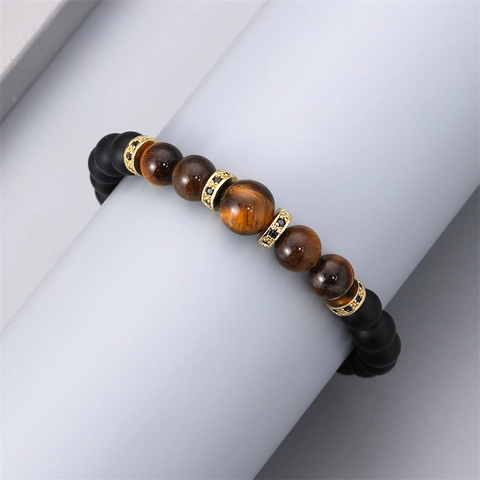 Beaded Bracelet Men Natural Tiger Eye Stone Matte Black Lava Beads With Golden Rhinestone Spacers Elastic Healing Jewelry