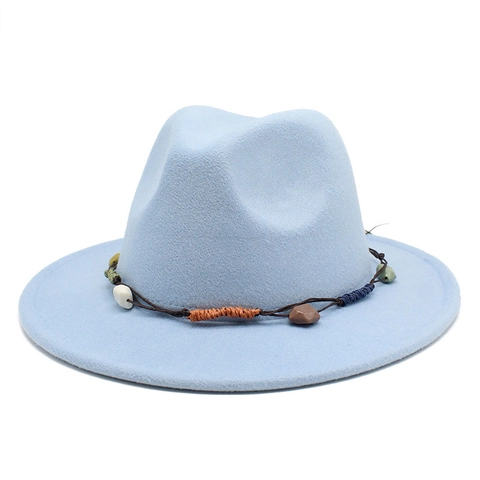 Fedora Hat Cotton Polyester Blend Felt Wide Brim Bohemian Ethnic Decorative Stone Bead Vintage Western Style Unisex