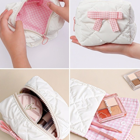 Quilted Makeup Bag Shiny PU Waterproof Cosmetic Organizer With Gingham Bow Cute Portable Travel Toiletry Pouch