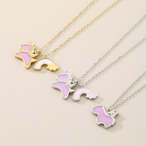 Unicorn Rainbow Butterfly Pendant Necklace Stainless Steel Enamel Cartoon Cute Fashion Jewelry For Women Girls