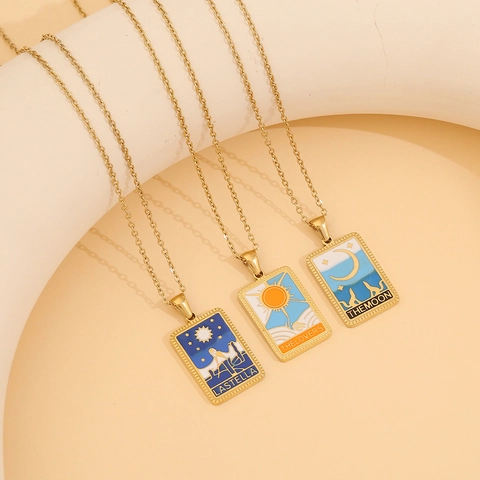 Roestvrijstalen Tarotkaart Hanger Ketting Emaille Druppelolie Geometrisch Vintage Trendy Sieraden Voor Dames