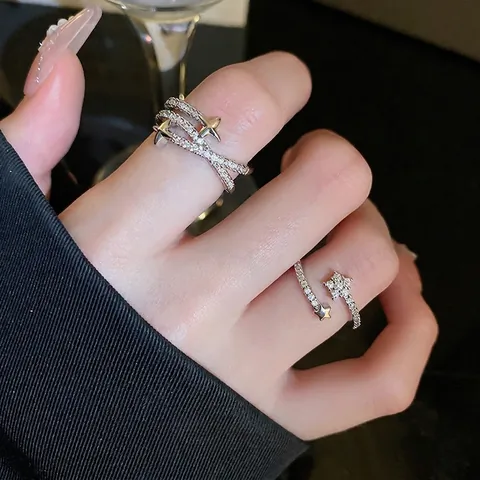 Stern Offener Ring Kupfer Zirkonia Doppelschicht Kreuz Verstellbarer Schmuck Für Frauen Mode Minimalistisch Elegant