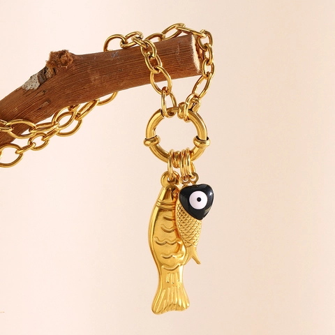 Roestvrijstalen Ketting 18K Verguld Vis Hanger Boze Oog Hart Charm Mode Sieraden Voor Dames