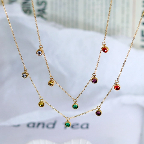 18K Verguld Titaniumstaal Regenboog Strass Ketting Armband Collectie Kleurrijke Ronde Hanger Sieraden Voor Dames