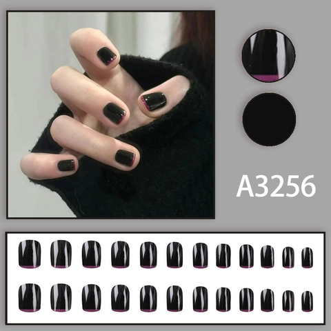 Press On Nails French Tip Short Square Glossy Black And Purple Resin False Nails For Women Daily Manicure