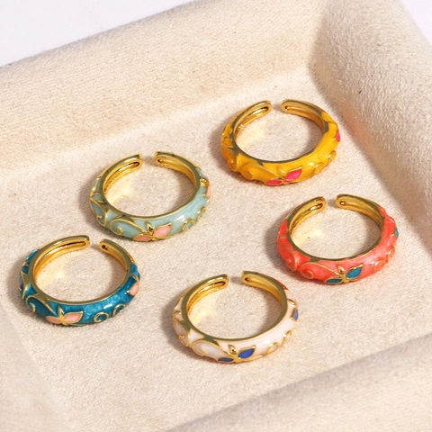 Anello Aperto Regolabile Smalto Fiore Farfalla Rame Placcato Oro Colorato Dolce Gioielli Vintage Donna