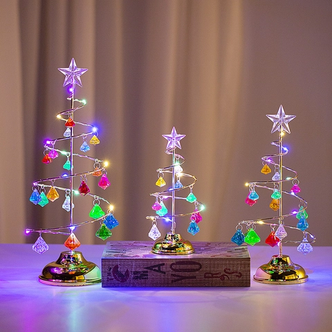 Spiral Iron Christmas Tree Tabletop Ornament LED Glowing Star Topper Acrylic Crystal Pendants Holiday Night Light Decor