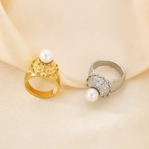 Anillo De Acero Inoxidable Con Perla Artificial Blanca Metal Texturizado Exagerado Joyas De Moda Retro Para Mujer Estilo Elegante