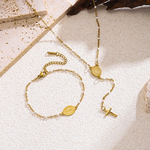 Rosary Necklace And Bracelet Stainless Steel Gold Plated Virgin Mary Medal Cross Pendant Religious Fashion Women