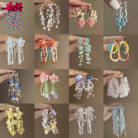 Handmade Flower Tassel Drop Earrings With Silver Earring Post Colorful Beaded Boho Summer Vacation Jewelry For Women