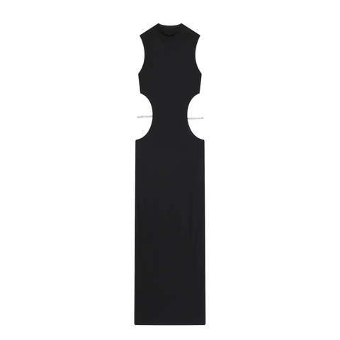 Mouwloze Maxi Jurk Met Col En Satijnlingse Cutout Strass Ketting Bodycon Stretch Elegante Avondfeest Voor Dames