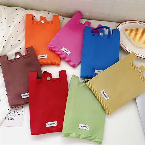 Knitted Phone Crossbody Bag Solid Color Polyester Mini Shoulder Pouch With Snap Closure For Women Casual Daily