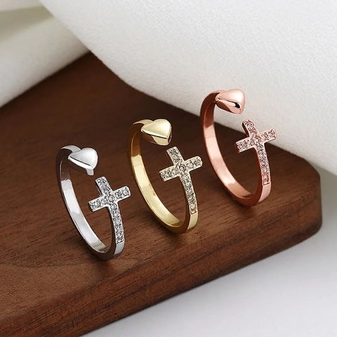 Copper Open Adjustable Ring With Zircon Cross And Heart Geometric Fashion Jewelry For Women