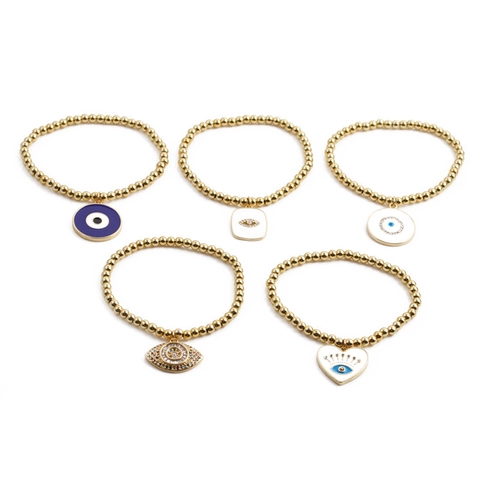 Bracciale Con Ciondolo Malocchio Rame Placcato Oro 18K Perline Elastico Zircone Smalto Boho Gioielli Donna Regalo