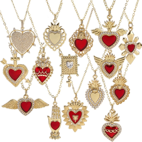 Collana Con Ciondolo A Cuore Placcato Oro Rame Zirconia Smalto Sacro Cuore Ali Corona Croce Catena Per Donne