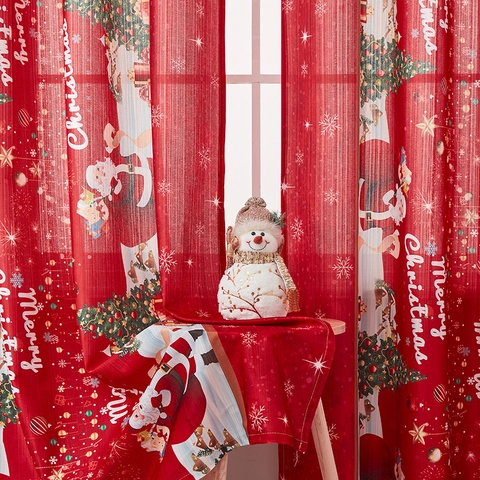 Rideaux De Noël Polyester Semi-Occultant Imprimé Père Noël Flocon De Neige Motif Pour Salon Chambre Décor De Maison