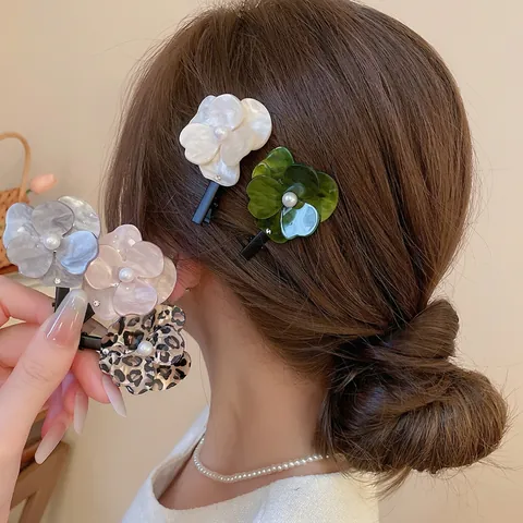 Pinzas Para El Pelo Flor De Resina Acetato Con Perla Artificial Y Diamantes De Imitación Clip De Pato Para Mujer