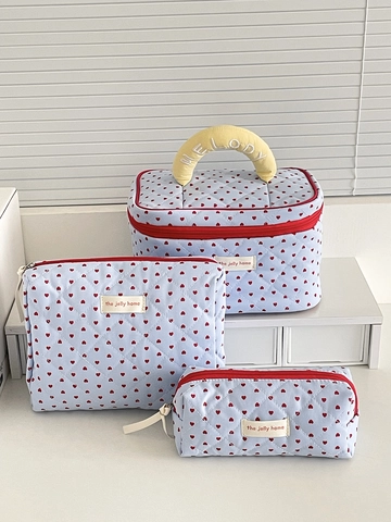 Trousse De Maquillage Matelassée À Motif Cœur Nylon Grande Capacité Organisateur Cosmétique De Voyage Pochette Bleue