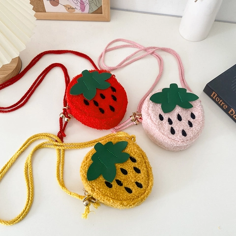 Kids Crossbody Bag Plush Cartoon Bunny Strawberry Shape Cute Shoulder Bag For Girls Small Coin Purse