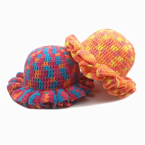 Handmade Crochet Bucket Hat Ruffle Brim Colorful Mixed Acrylic Knit Bohemian Sun Hat For Women Men Casual Holiday