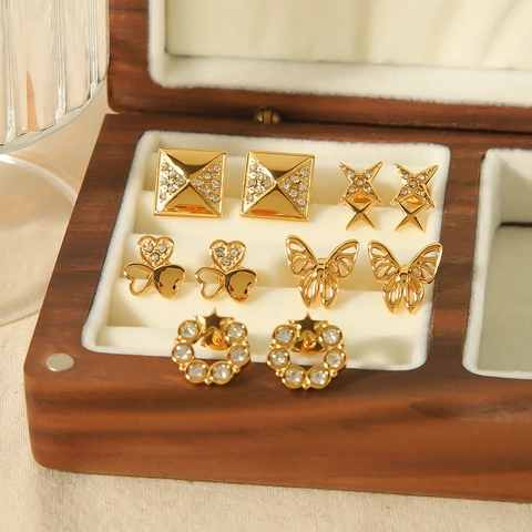Geometric Zircon Stud Earrings 18K Gold Plated Stainless Steel Butterfly Heart Star Vintage Fashion Jewelry For Women