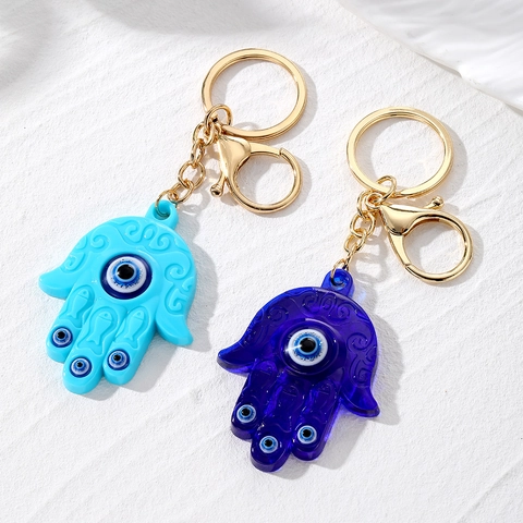 Hamsa Hand Evil Eye Keychain Resin Pendant Gold Metal Clasp Hand Of Fatima Amulet Bag Charm Vintage Style Blue