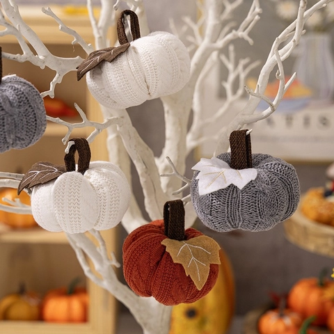 Handgefertigte Gestrickte Kürbis Dekoration Set Für Erntedankfest Halloween Herbst Orange Weiß Grau Haus Ornamente