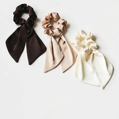 Satijnen Scrunchie Met Lang Lint Satijnn Textuur Franse Vintage Stijl Elastische Haarband Strik Voor Dames