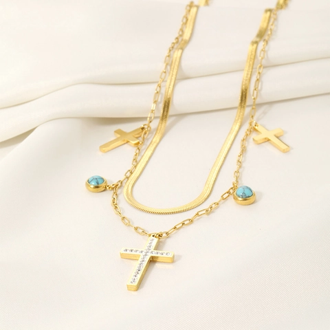 Collana Doppio Strato Acciaio Inossidabile Oro 18K Perline Turchese Ciondoli Croce Donna