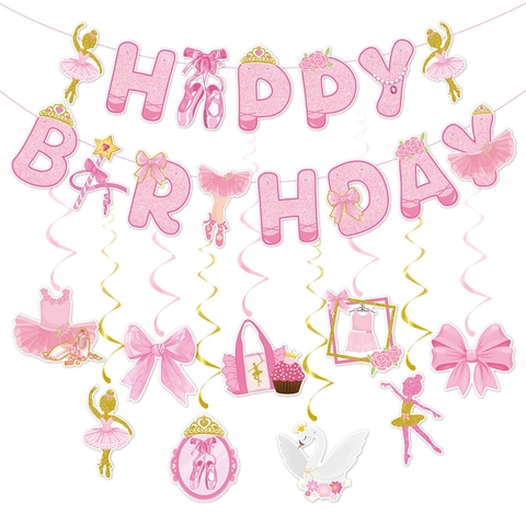 Set Decorazione Festa Di Compleanno Tema Balletto Rosa Oro Glitter Cartone Banner Spirali Decorazione Torta Ragazze