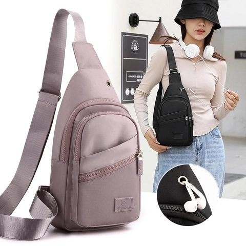 Bolso De Pecho De Tela Oxford Múltiples Bolsillos Con Cremallera Toma De Auriculares Correa Ajustable Bolso Cruzado Informal