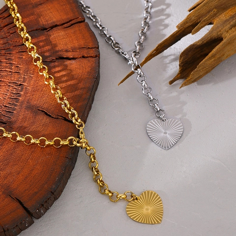 Collar Con Colgante De Corazón Acero Inoxidable Textura Rayos Sol Cadena Rolo Joyería Minimalista Regalo Mujer