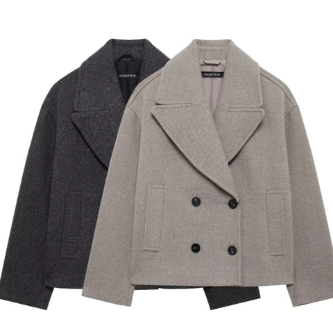 Women Wool Blend Short Coat Double Breasted Lapel Solid Color Elegant Casual Outwear Jacket